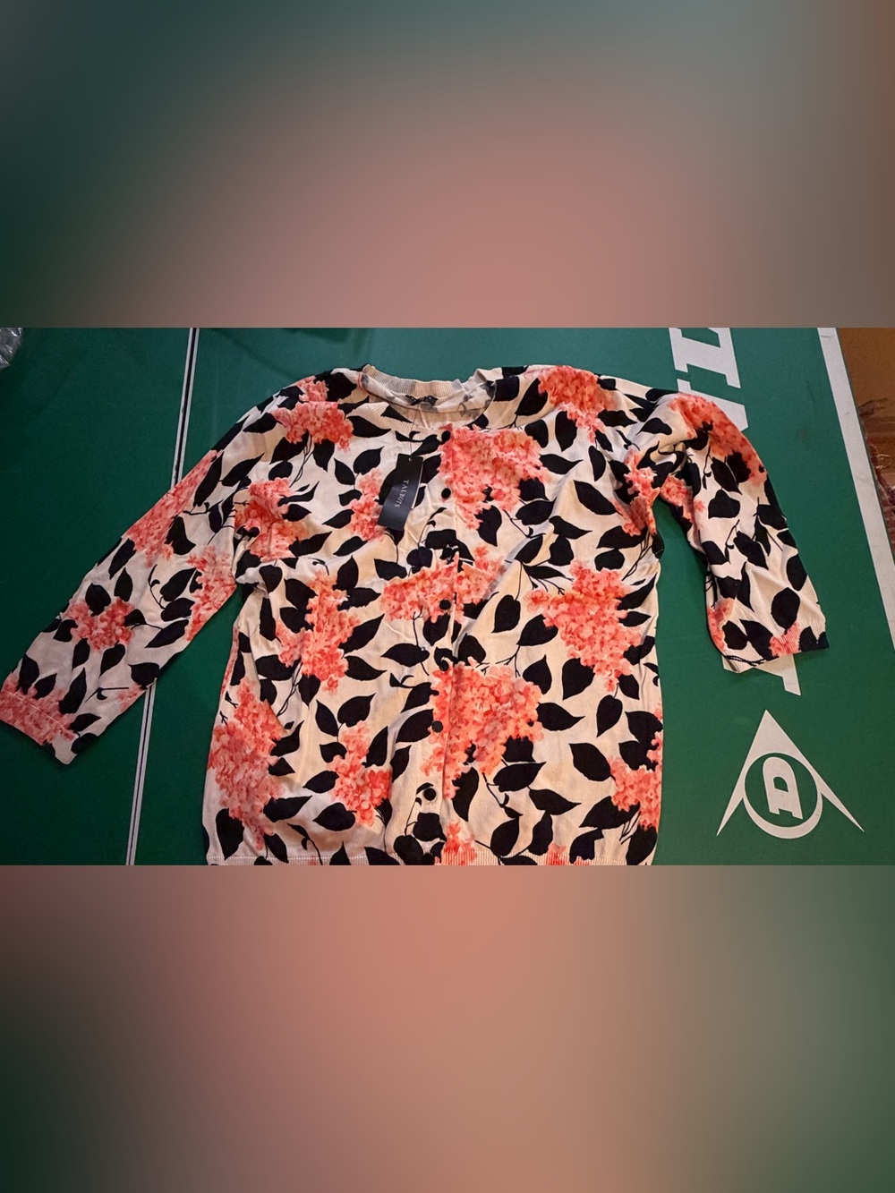 NWT Talbots Floral Cardigan Sweater Small Coral Orange Black Hydrangea Crewneck